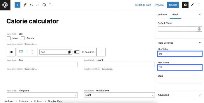 field settings min and max value