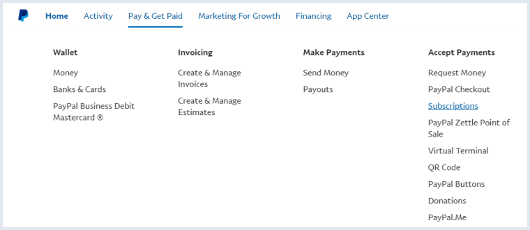 pay & get paid tab in PayPal sandbox account