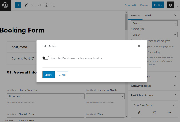 save form record post submit action editing window