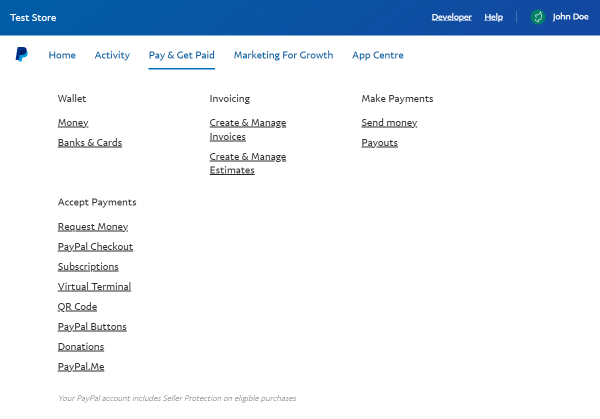 paypal pay and get paid dropdown menu