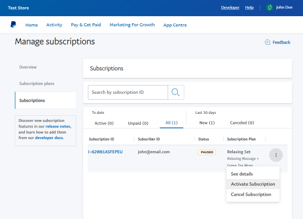 paypal subscriptions tab activate