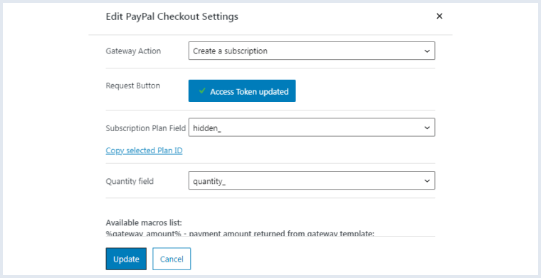subscription plan and quantity fields