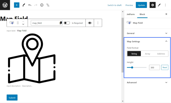 map settings of the jetformbuilder map field