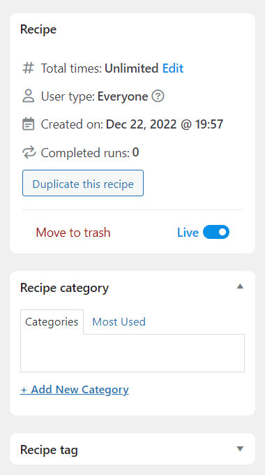 live toggle on for the recipe