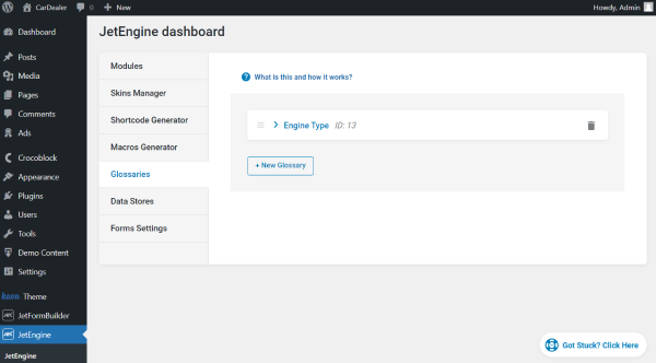 jetengine dashboard glossaries tab