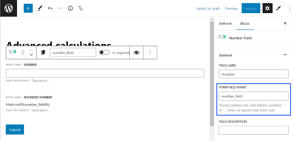 number field name to use for rounding up