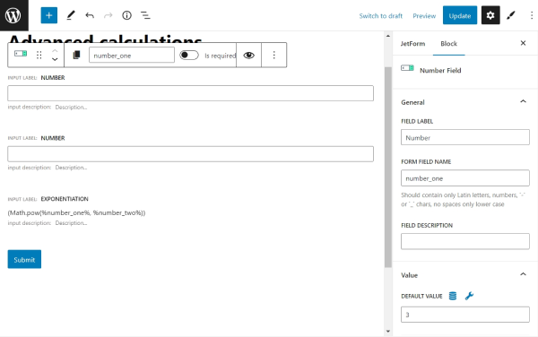 setting up exponentiation formula in calculated field