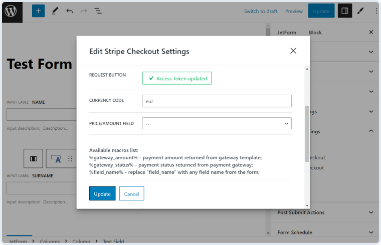 stripe checkout access token updated