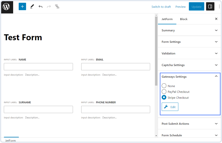 stripe checkout in the gateways settings section