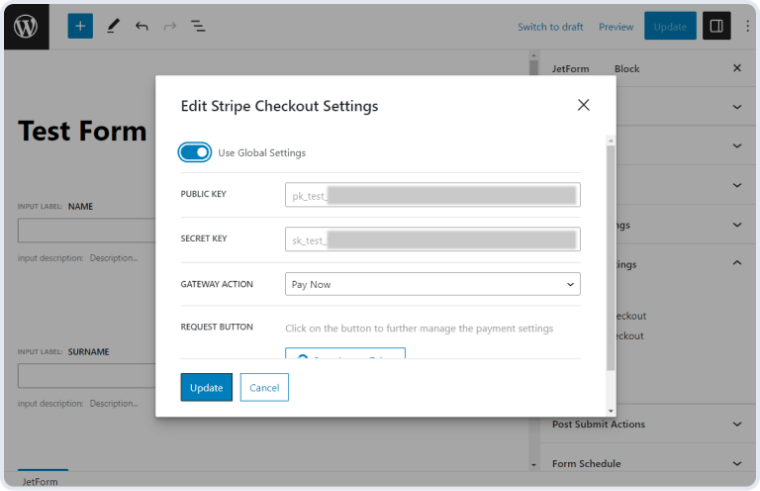 stripe checkout settings editing window