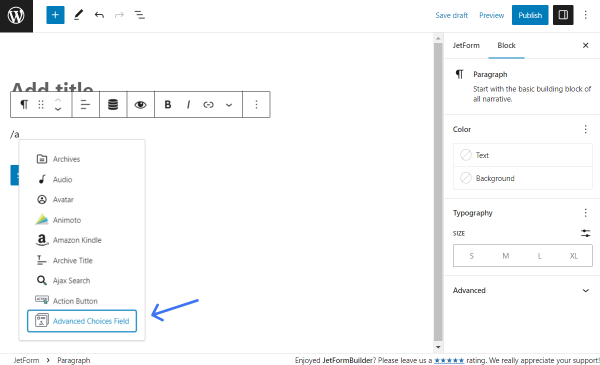 adding advanced choices field block