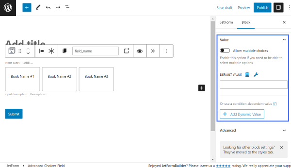 advanced choices field value settings