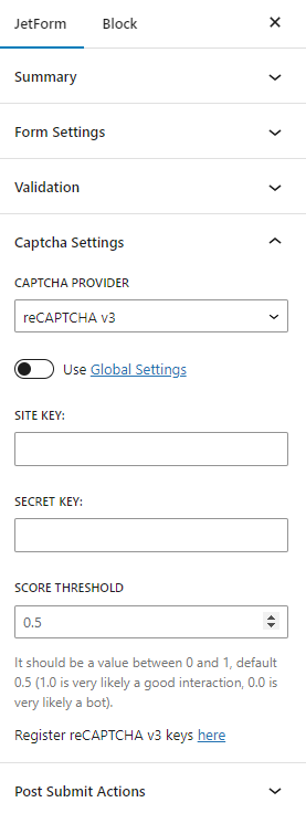 captcha form settings