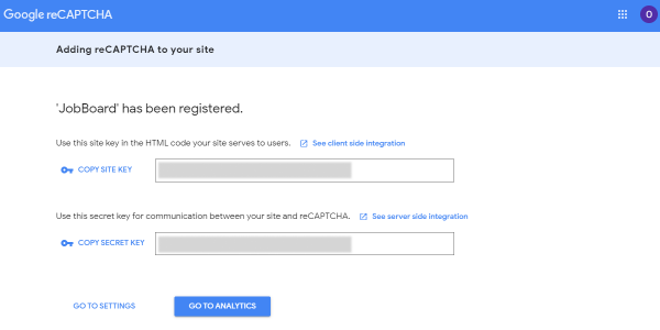 copy site key and secret key