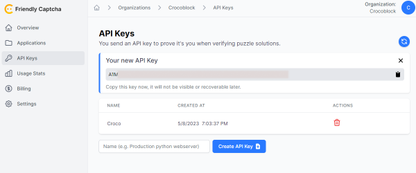 friendly captcha API key