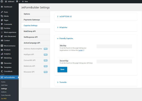 friendly captcha settings