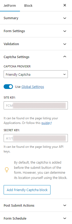 friendly captcha site key and secret key added by global settings