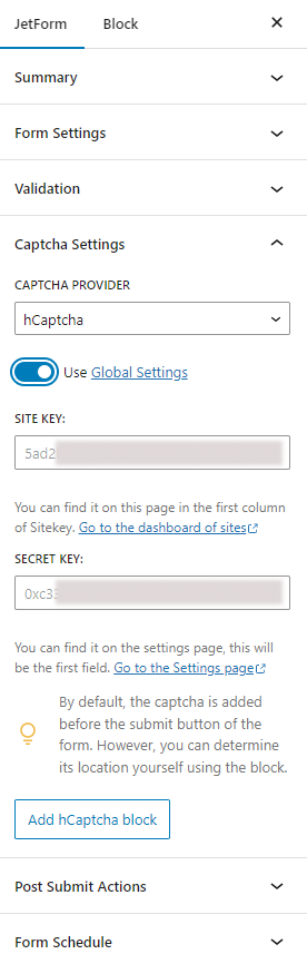 hCaptcha site key and secret key added by global settings