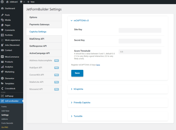 jetformbuilder captcha settings