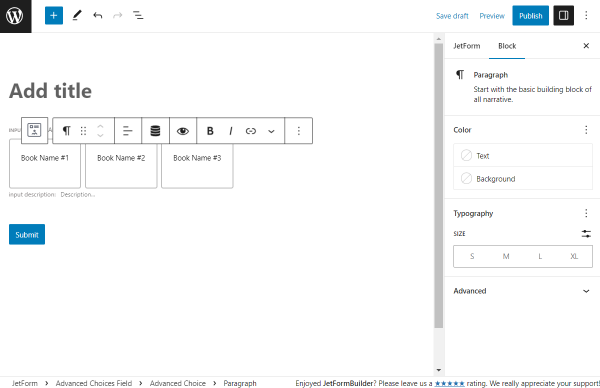 paragraph block settings