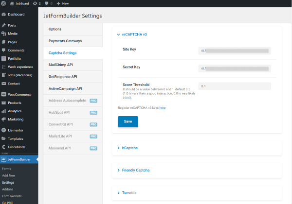 recaptcha site key and secret key in the jetformbuilder settings