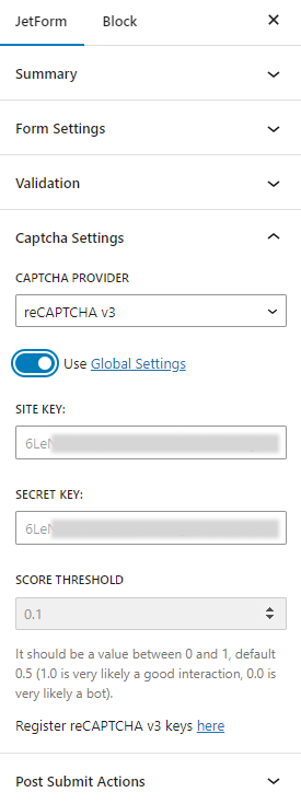 site key and secret key added with the global settings