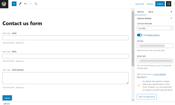 turnstile captcha settings