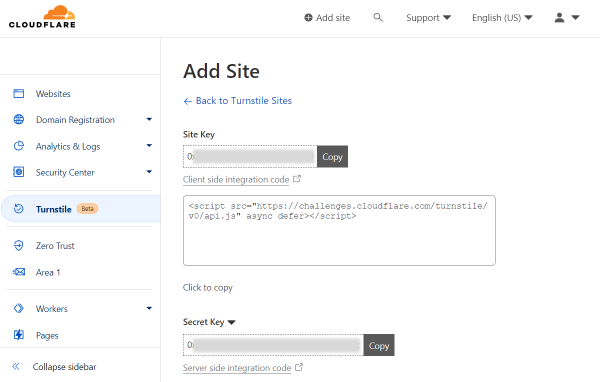 turnstile site key and secret key