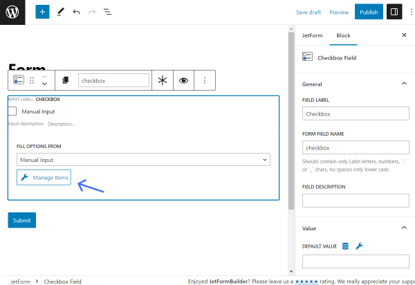 checkbox field manual input