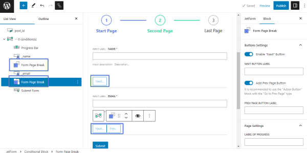 form page break block in the conditional block
