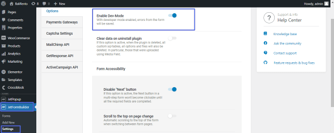 jetformbuilder dev mode enabling