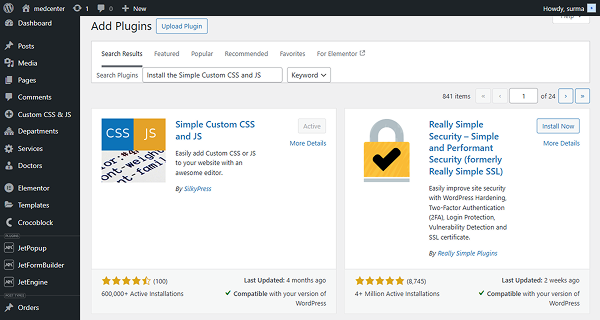 Simple Custom CSS and JS plugin installed and activated