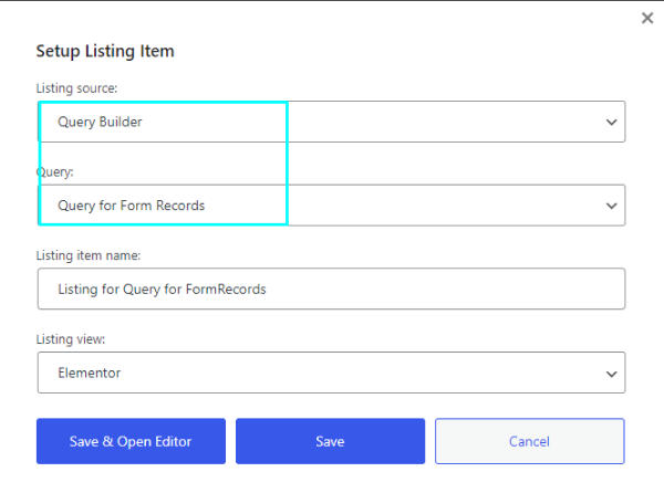 query builder listing pop-up