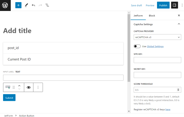 recaptcha v3 in form settings