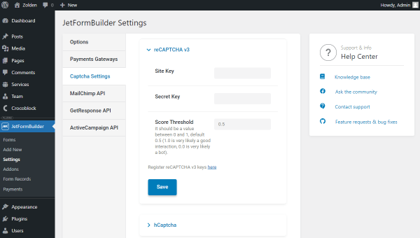 recaptcha v3 settings