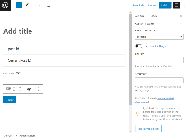 turnstile in form settings