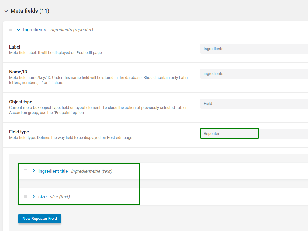 repeater custom field with two text fields