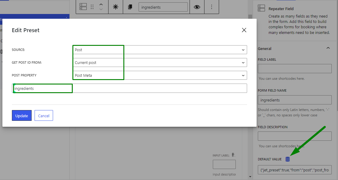 default value for the repeater field