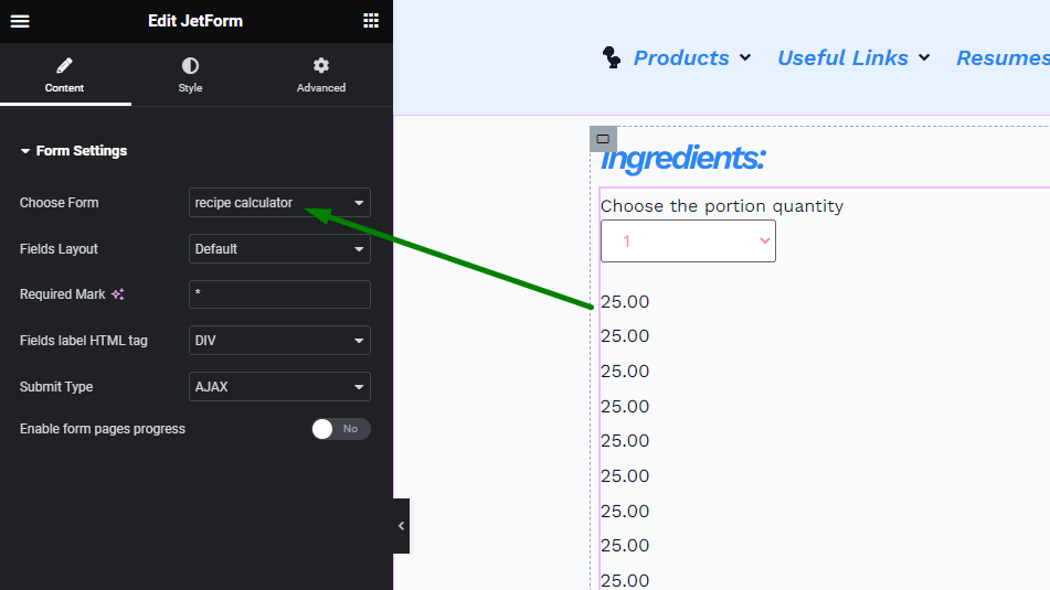 form on the single recipe page