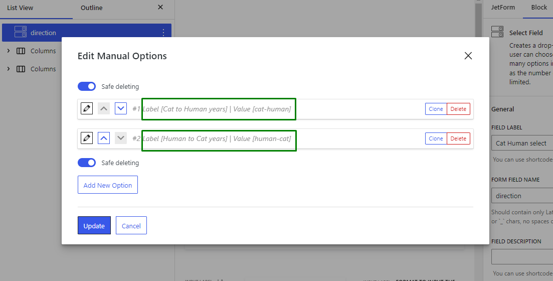 options in the Select Field