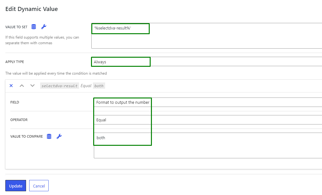 the Edit Dynamic Value pop-up settings