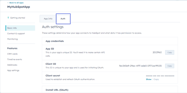 auth tab of the hubspot