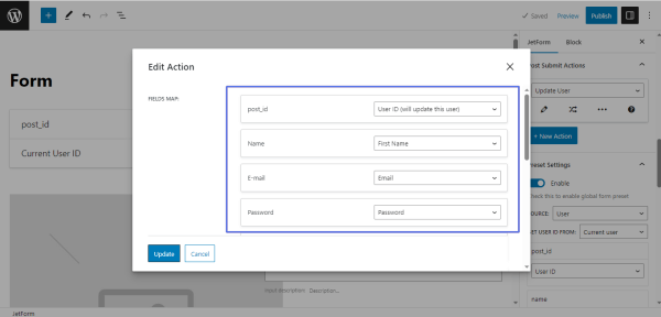 edit post submit action settings