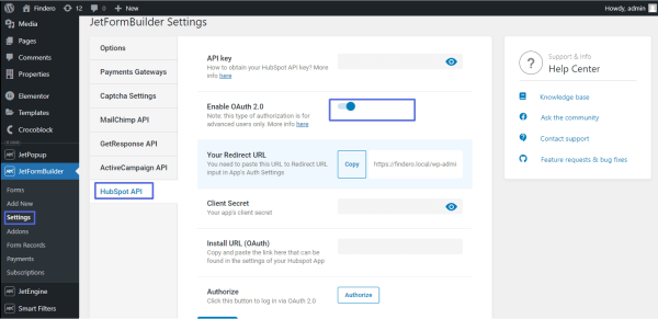 enable oauth toggle activation