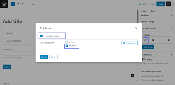 oauth setting of post submit action
