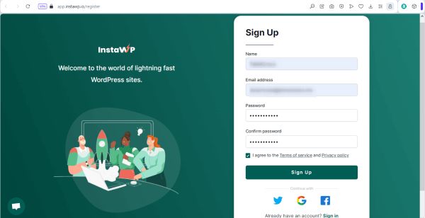 signing up on the instawp site