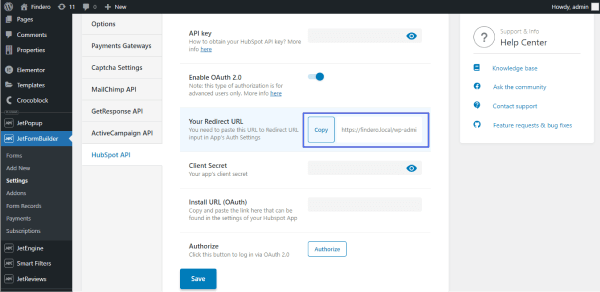 site hubspot api settings page