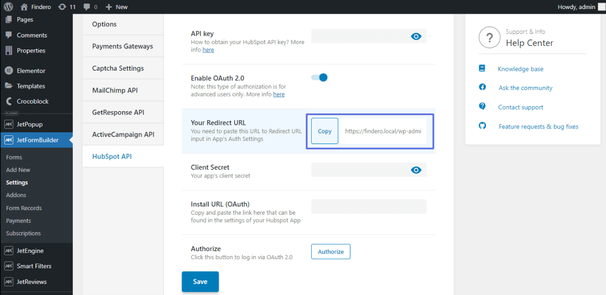 JetFormBuilder HubSpot OAuth 2.0 Option Crocoblock