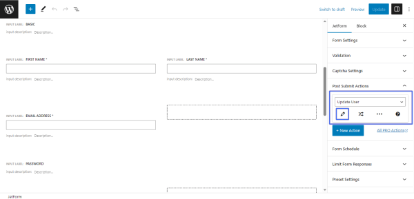 update user action settings in jetform block