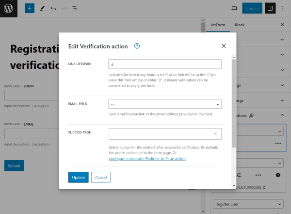 email verification action settings in jetformbuilder